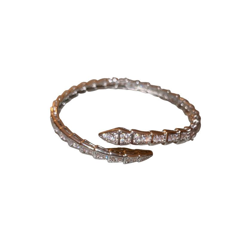 European & American Zircon Snake Bone Silver Bangle - Women's Fashion Niche Design Open Cuff