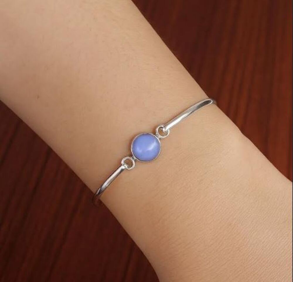 

Браслет-бенгл из стерлингового серебра 925 пробы с круглым лунным камнем, камень-талисман, подарок, бохо, ручная работа, регулируемый браслет 7.5 Inch