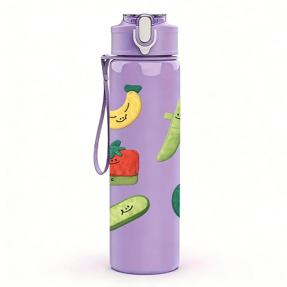1PC Mixed Fruit Vegetable Fresh Food Print 750ml Color Plastic Sports Water Bottle Leakproof Flip Straw Lid Suitable for Sports Office Home Use