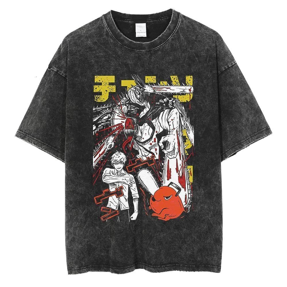Kettensägenmann Power Blutdämon Anime T-Shirt 2026 Sommer Vintage Gewaschen Unisex Baumwolle Lockere Passform Kurzarm Streetwear Grafik