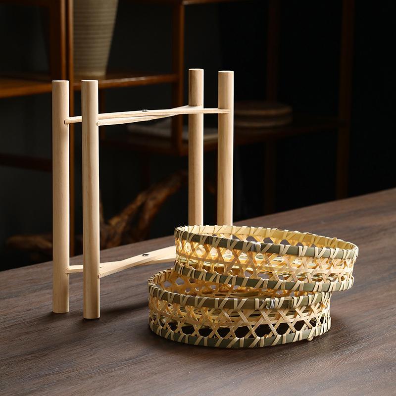 1set Multi Layered Basket Rustic Wooden Frame Fruit Basket For Home Kitchen Bamboo Weaving Basket Small 18/20cm