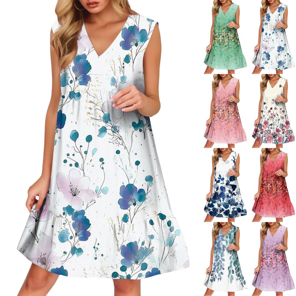 Women's Casual Fashion Breathable V-neck Vest With Pockets Floral Holiday Dress