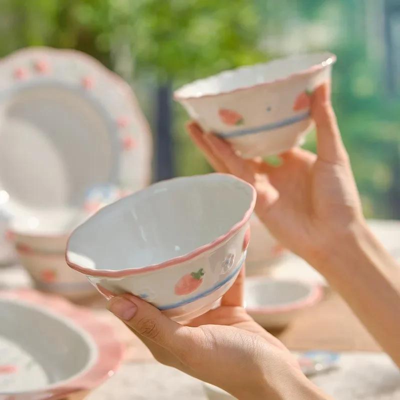 Cute Pink Strawberry Hand-painted Underglaze Ceramic Tableware Household Soup Bowl and Dish Set Dinner Plates