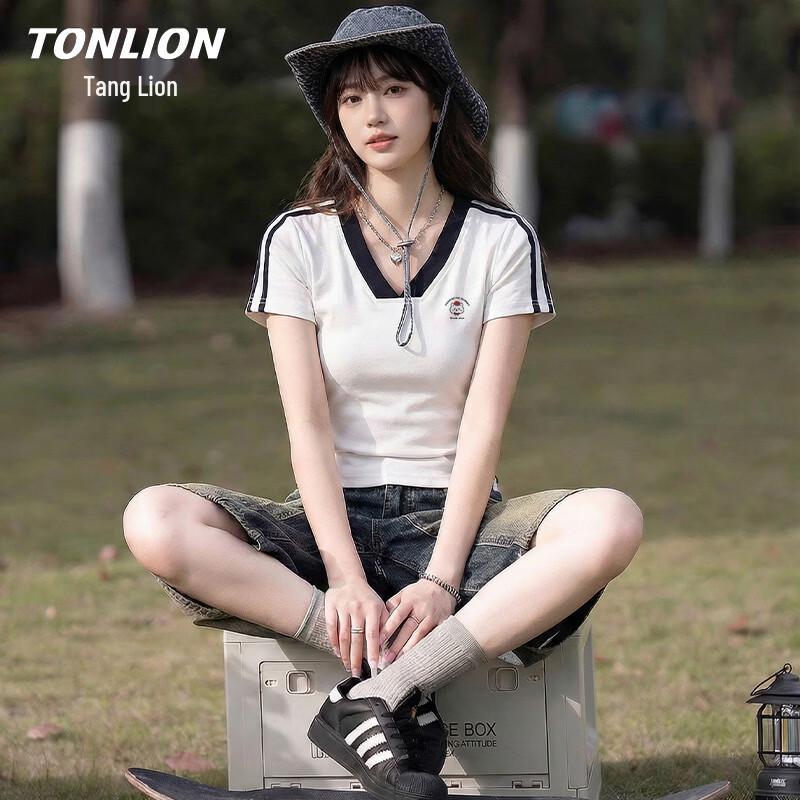 TonLion Women s V-Neck Color-Block Short Sleeve T-Shirt L