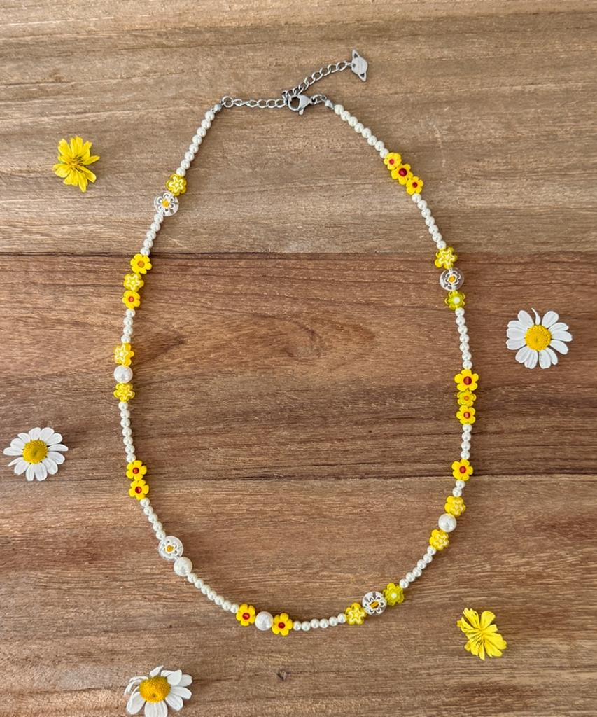 Fantastic Planet Yellow Daisy Pearl Necklace