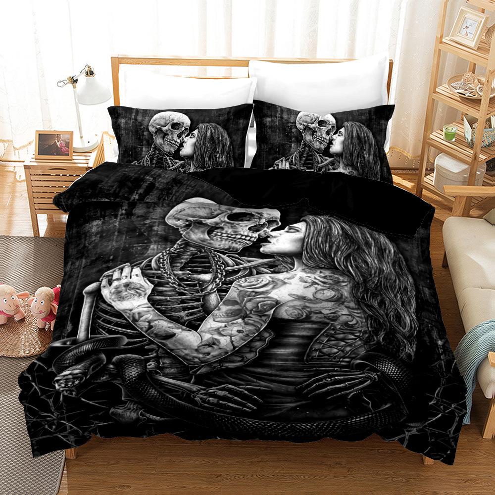 Skull Love 3D Digital Printing Three-Piece Set, Quilt Cover Pillowcase Two-Piece Set