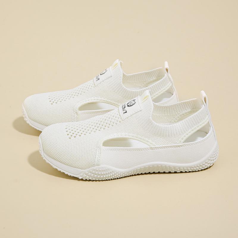 Fashion Hollow Out Breathable Toe Cap Sandals for Women, Summer Mesh Shoes, One Foot White Shoes, Casual Thick Soled Board Shoes