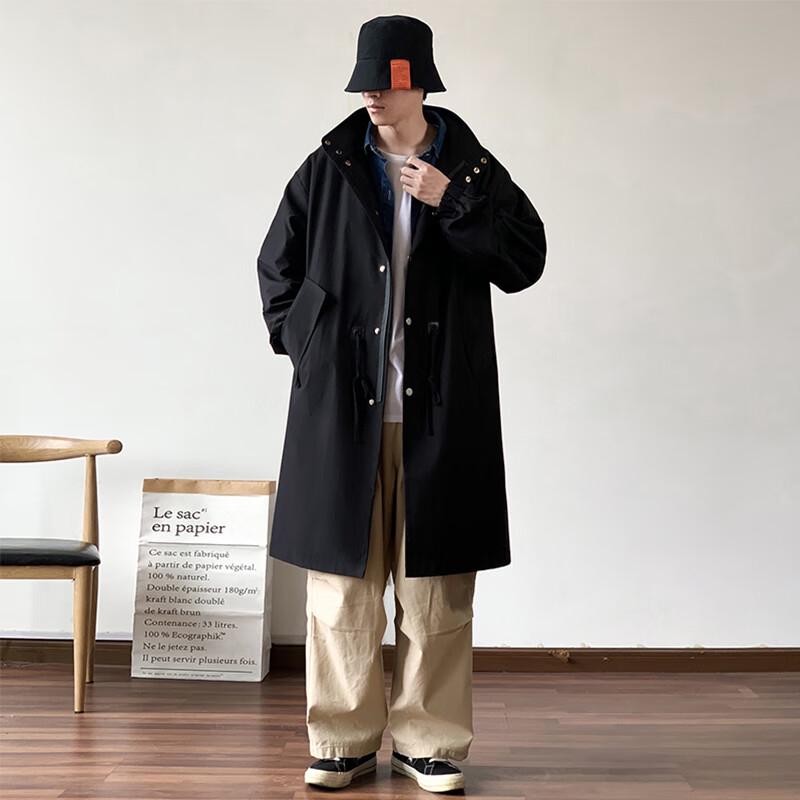 JEEP SPIRIT Men's Japanese Style Drawstring Mid-Length Trench Coat