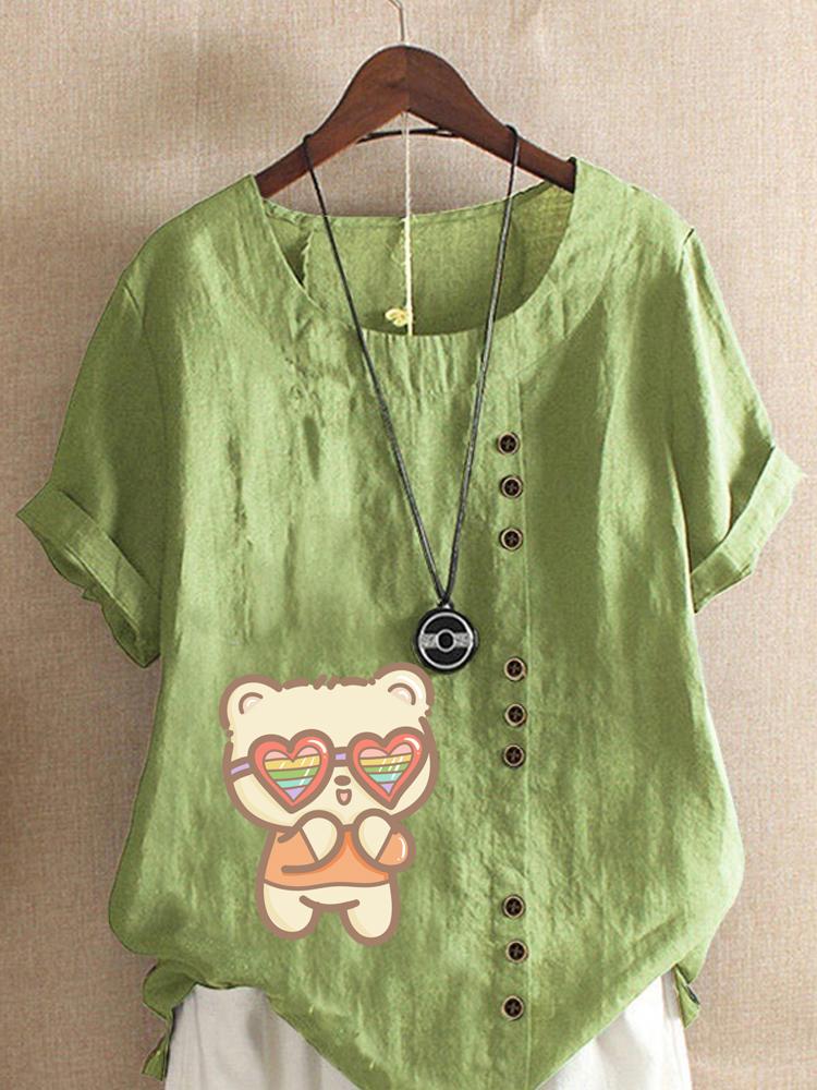 Women's Fashion Cute Cat Print Round Neck Short Sleeve T-shirt Summer Casual Cotton Linen Graphic Shirt Leisure Loose Blouse Tops