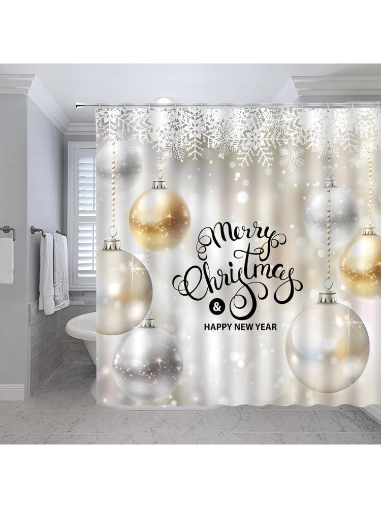 

Silver Christmas Balls Shower Curtain Merry Christmas Xmas Snowflakes Gold Color Snow Fantasy Winter Holiday Happy New Year W60H190(CM)-1 Pcs