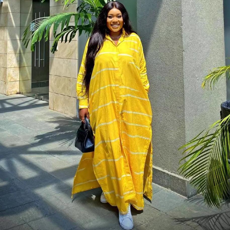 African large size new lazy style long-sleeved loose striped dress women s European and American fashion casual women s large robe S жёлтый