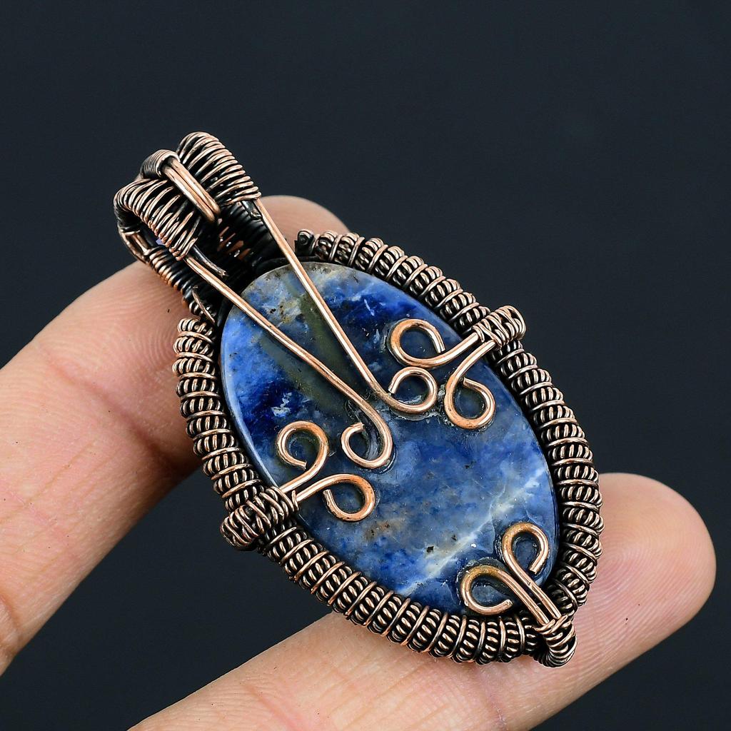 Beautiful Sodalite & Amethyst Gemstone Handmade Pure Copper Wire Wrapped Pendant Jewelry