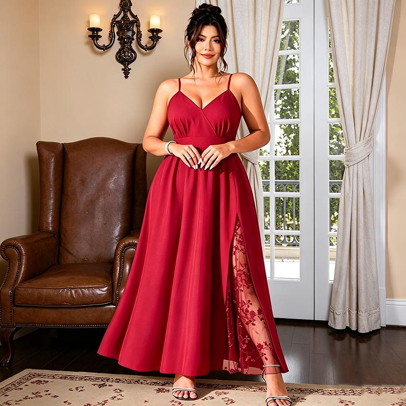 Women Plus Size Solid Color A Line Maxi Dress V Neck Wrap Floral Mesh Slit Wedding Guest