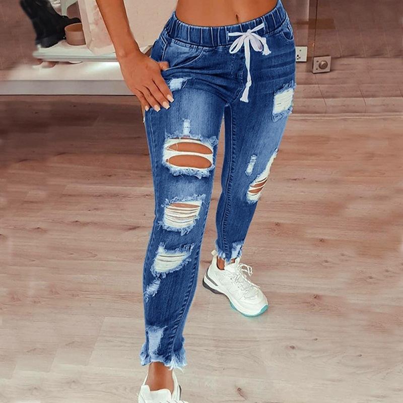 Dame Ensfargede Jeans Elastisk Midje Snøring Blonder Ripped Pluss Størrelse Jeans