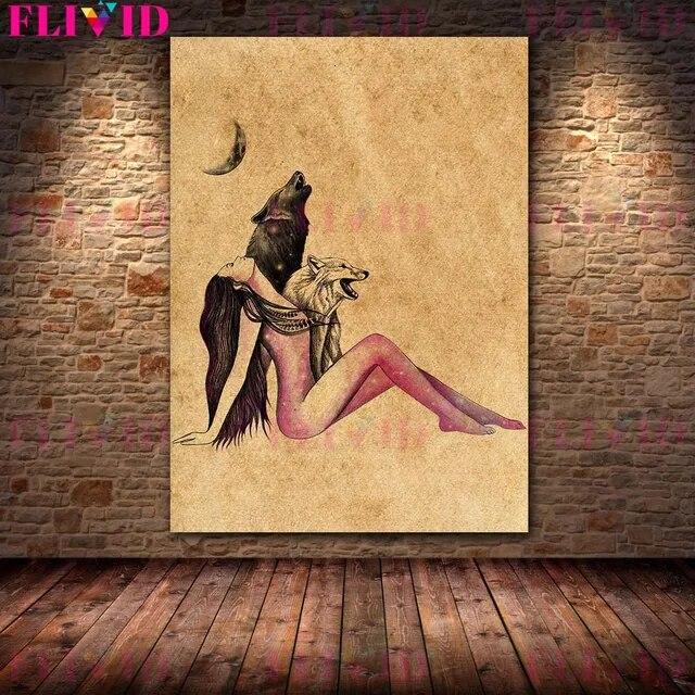 Wolf Woman And And Moon Wicca Vintage Wall Art Canvas Painting Daughters Of The Moon Art Poster And Print Home Decor No Frame