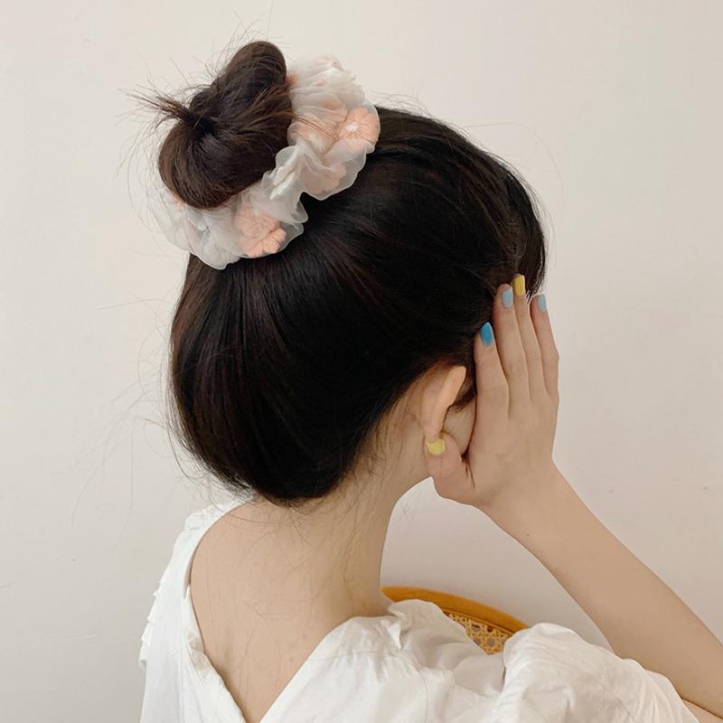 Organza Mesh Embroidery Flowers Scrunchies Women Romantic Pink Blue Hair Rope Transparent Tulle Hair Ties Hair Accessories