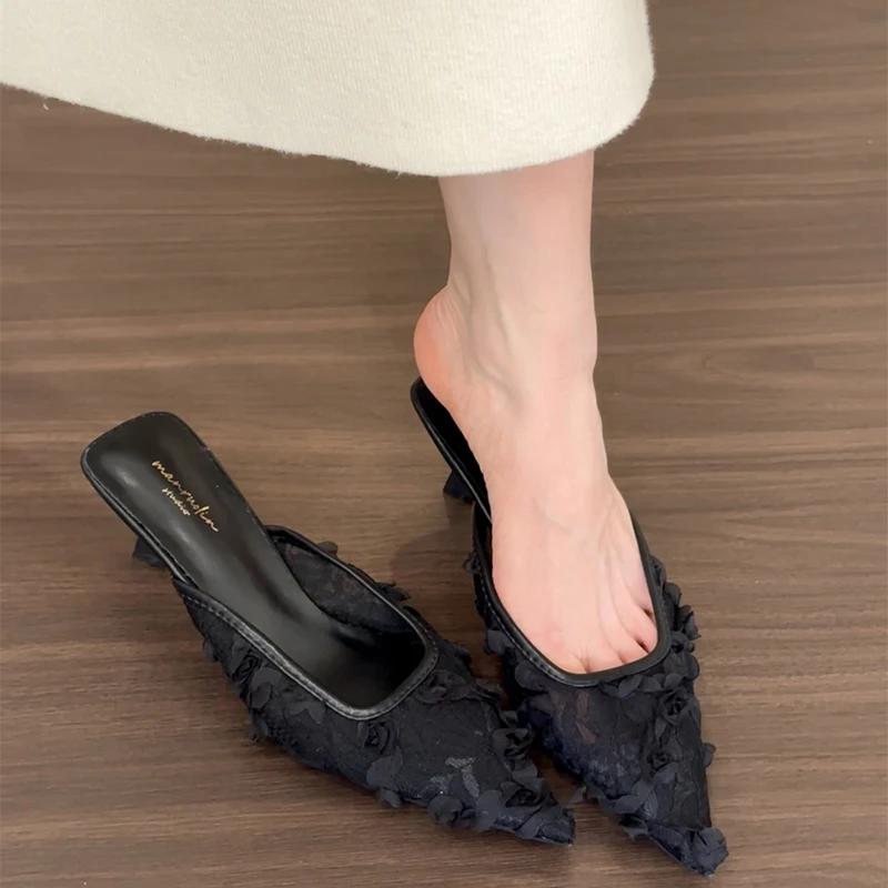 Moda Verão Moda Feminina Mules Tamancos Salto Alto Elegantes Bico Coberto Vestido Renda Slides Senhoras Sapatos de Festa Dança Baile