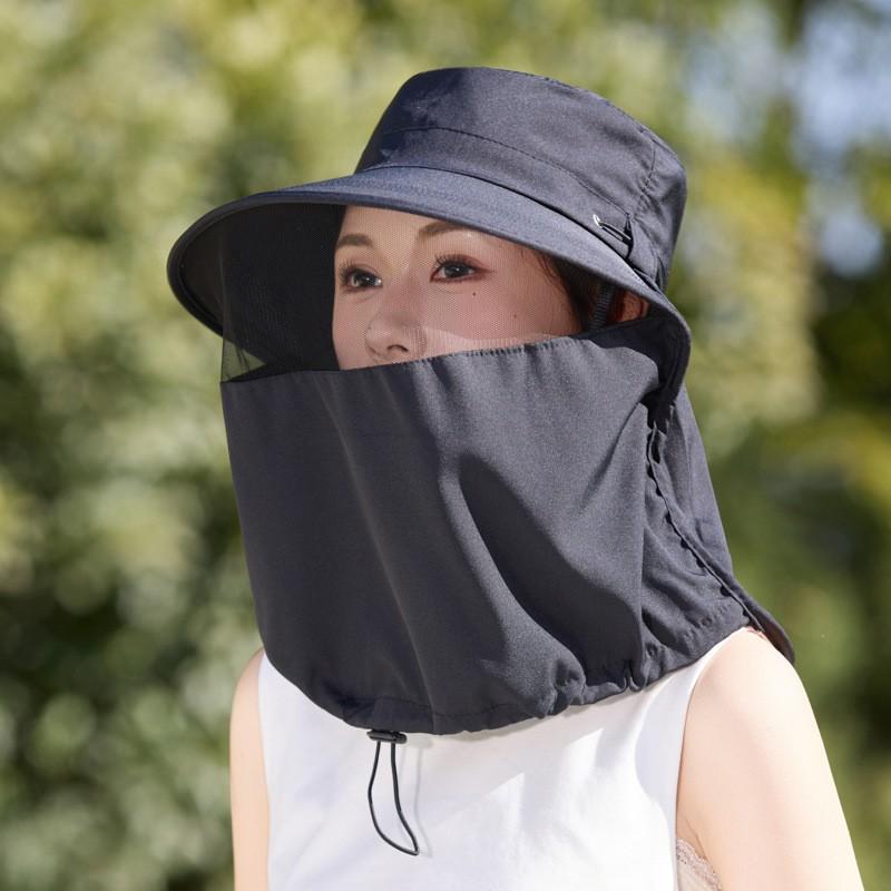 Full face sunscreen large brim shawl sun hat women's neck protector integrated UV protection bucket hat ponytail hat