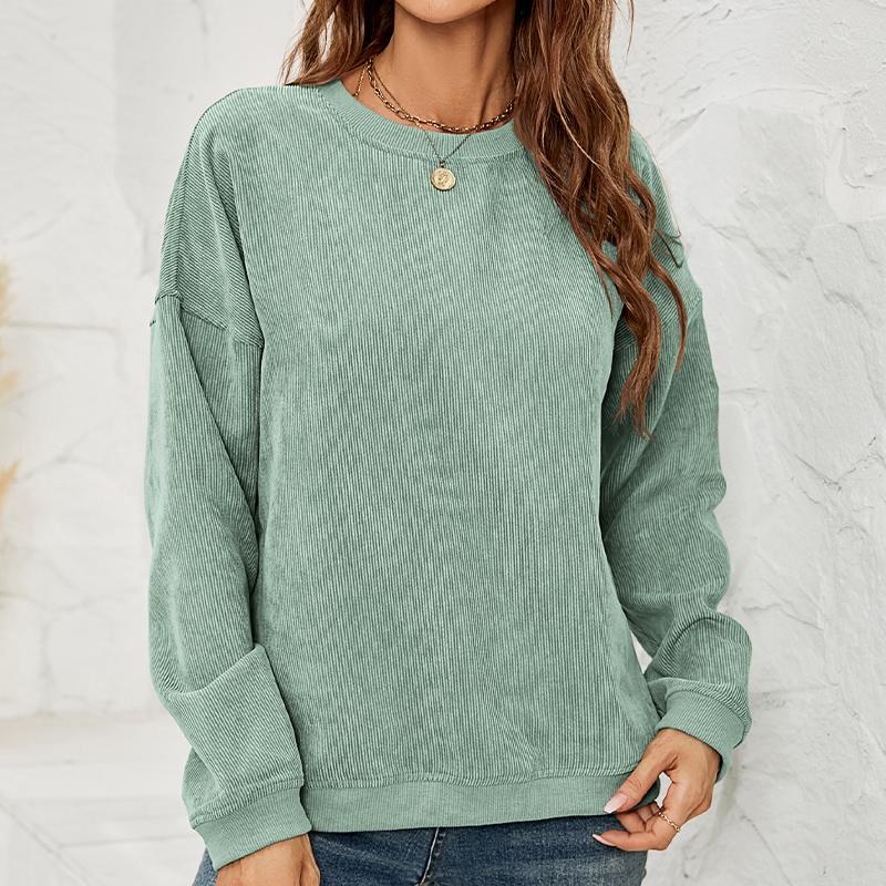 Women's Corduroy Sweatshirt Casual Round Neck Pullover Long Sleeve Top