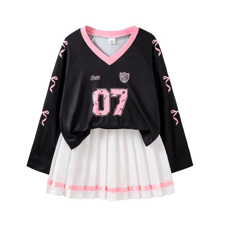 2025 Herbst Mädchen Colorblock T-Shirt & Faltenrock Set