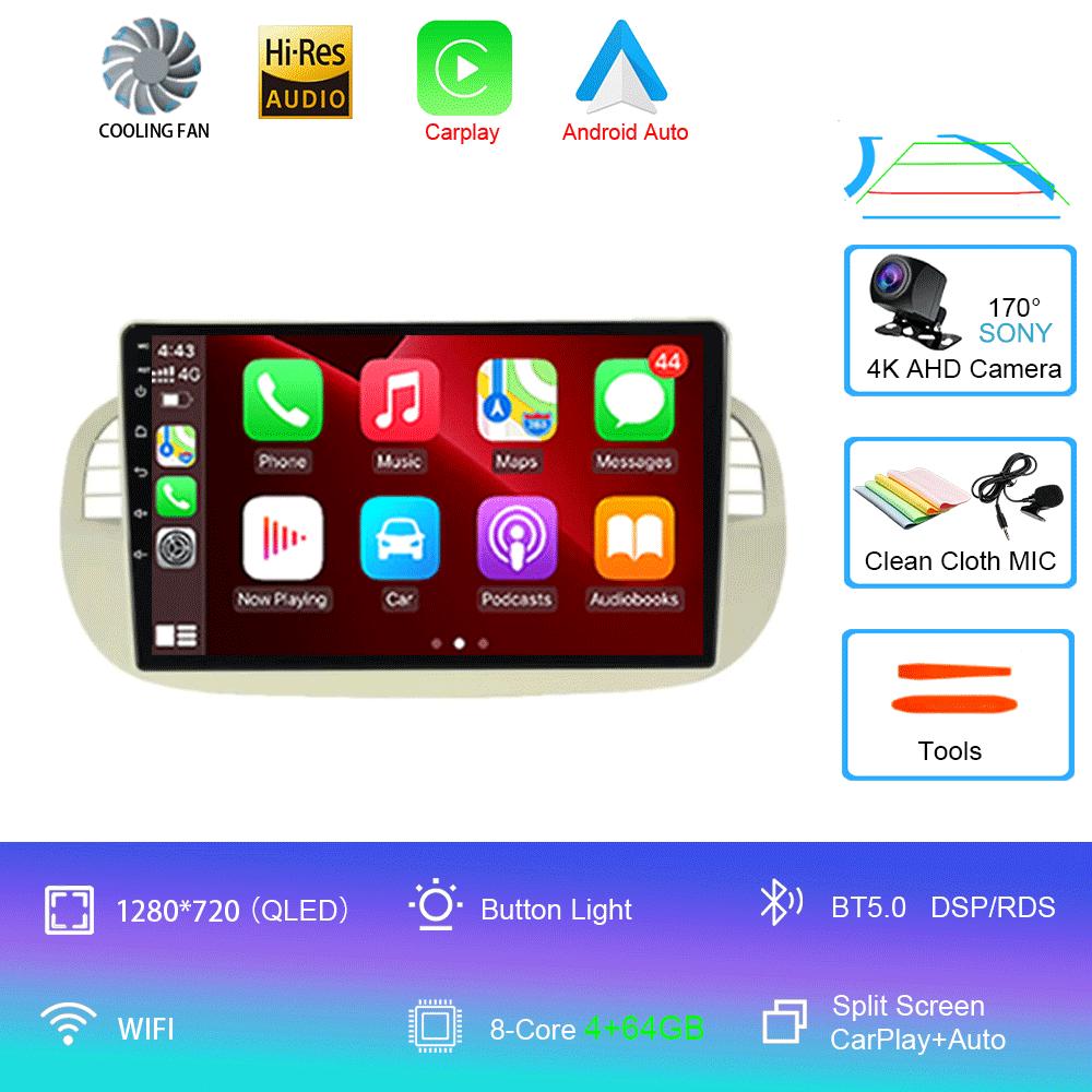 Car Radio Android 14 For Fiat 500 Navigation GPS Multimedia Player Stereo 5GWiF+4G SIM BT Wireless Auto Carplay 360 Camera 2 DIN