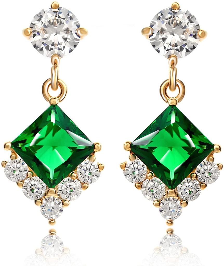 Emerald Green 18K Gold Princess Dangle Hollywood Celebrity Jewelry Earrings, 18KGP,