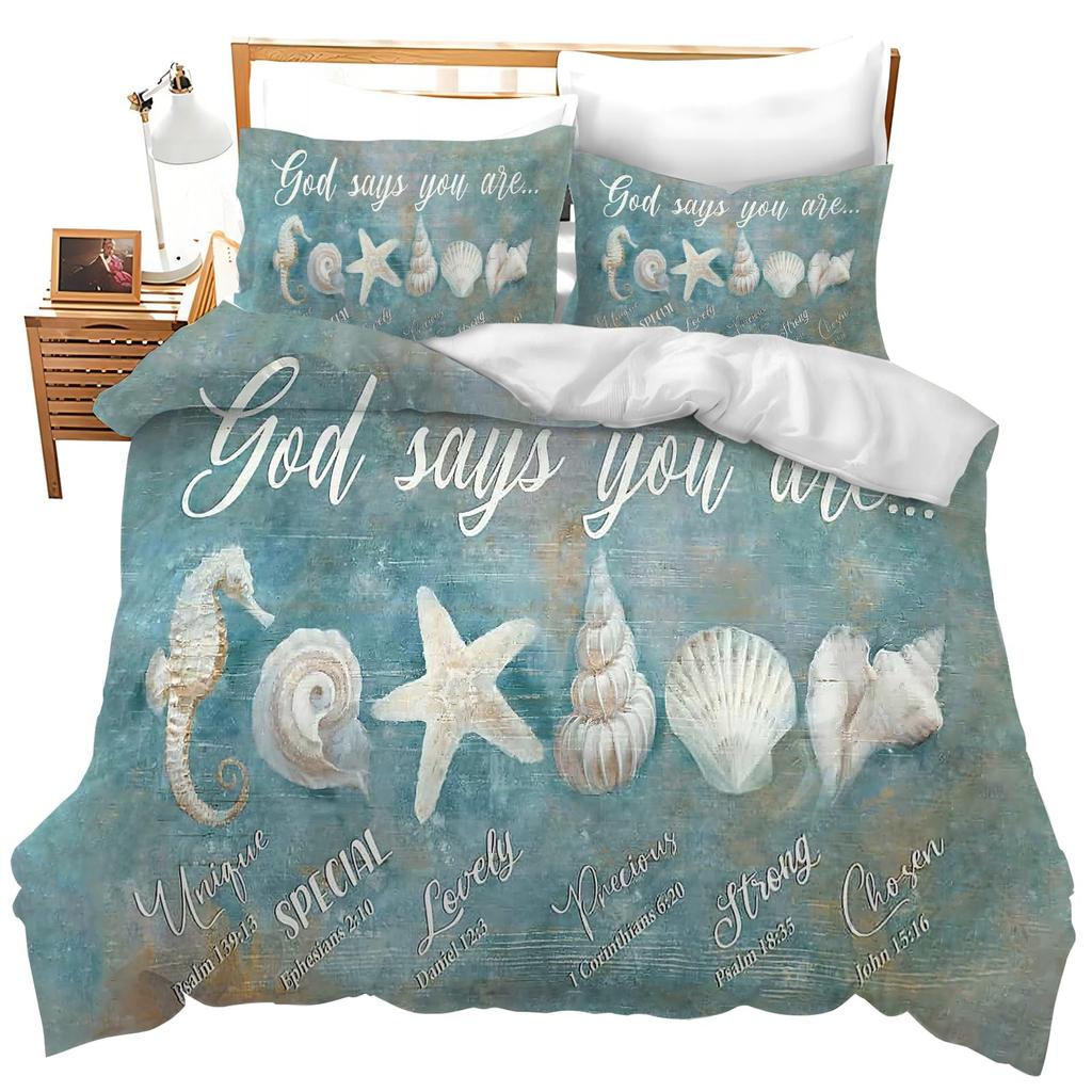 Beach Starfish Duvet Cover Set Blue Ocean Coastal Bedding Set Cute Ocean Creatures Seashells Starfish Print Comforter Cover Sets