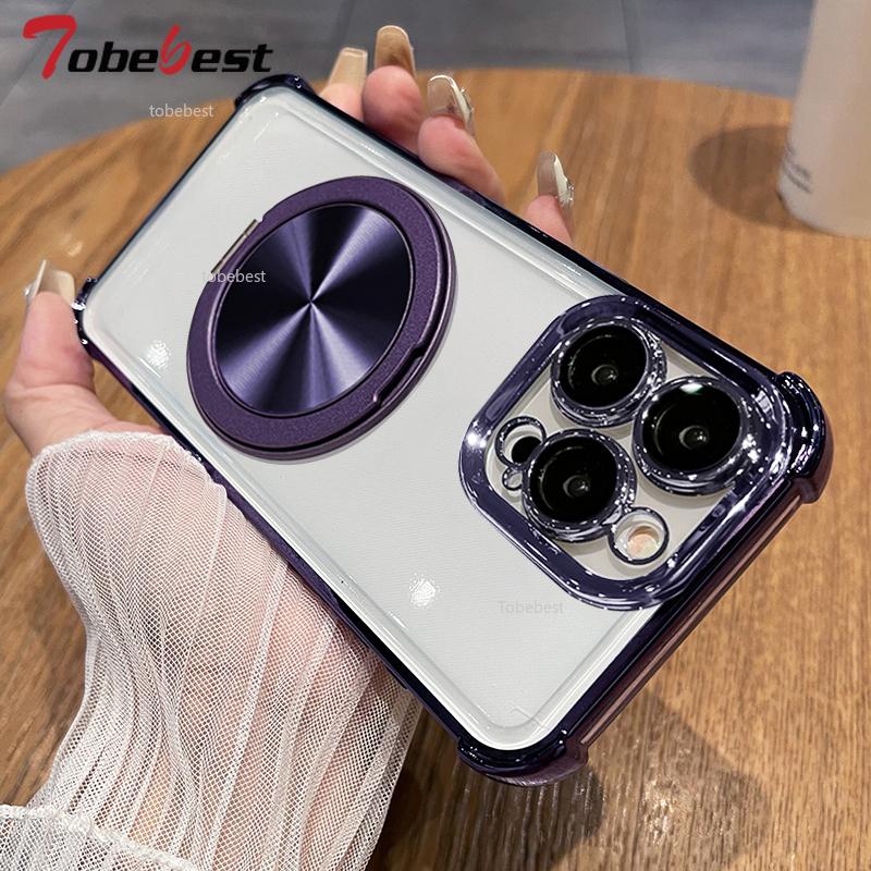 360 Degree Rotating Magnetic Bracket Shockproof Plating Case For iPhone 16 16E 15 14 Plus 13 12 11 Pro Max Silicone Cover