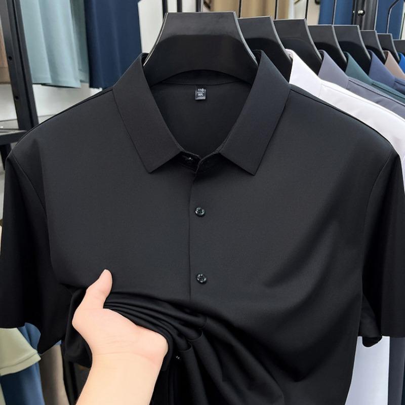 Men's White Ice Silk Seamless Short Sleeve Dress Shirt For Business And Casual Wear