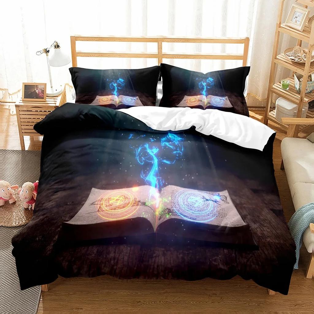 Magic Book Duvet Cover Set Purple Light Book Comforter Cover Lightweight Polyester Quilt Cover with Pillowcase for Boys Teens