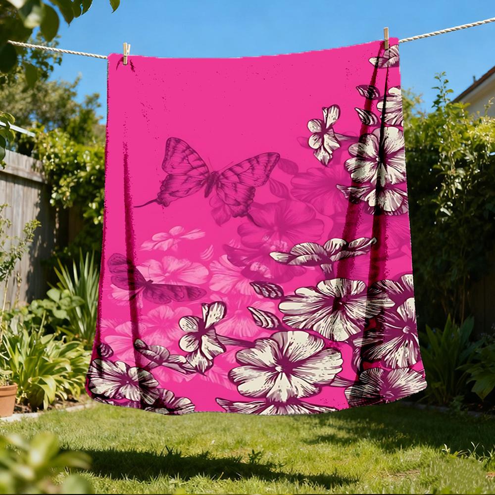 

1pc Floral Butterfly Print Outdoor Flannel Blanket , Machine Washable Perfect Gift for Birthday , Holiday Travel Accessory , Durable Material 80x120cm
