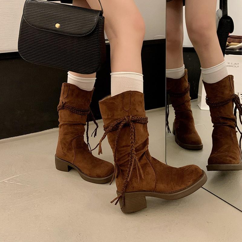 Internet Celebrities with the Same Thick Bottom Square and Retro Wasteland Fashion Boots Women's Autumn and Summer Thin Western Cowboy Long Tube Singl