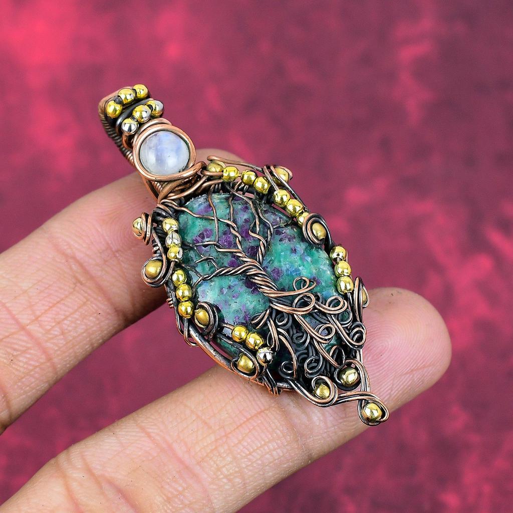 Tree of Life Ruby Fuchsite Pendant Copper Wire Wrapped Pendant Real Gemstone Jewelry Moonstone Pendant Handmade Copper Jewelry Gifts for Him
