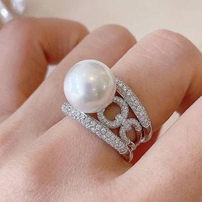 Huitan Luxury Women Simulated Pearl Ring Inlaid Sparkling Cubic Zirconia Charming Wedding Engagement Accessories  Jewelry