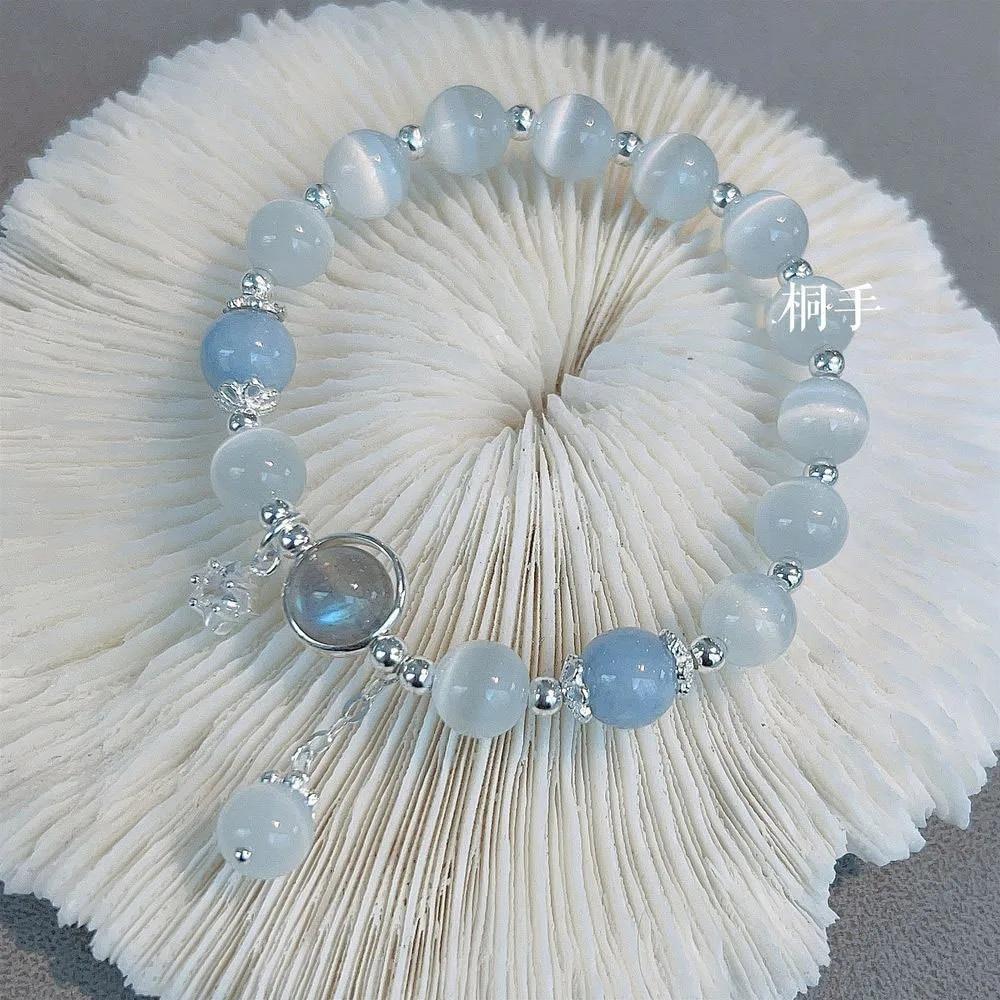 925 Sterling Silver Blue Treasure Moonlight Stone Crystal Bracelet for Women Luxury Elastic Hand Jewelry Fashion Gifts