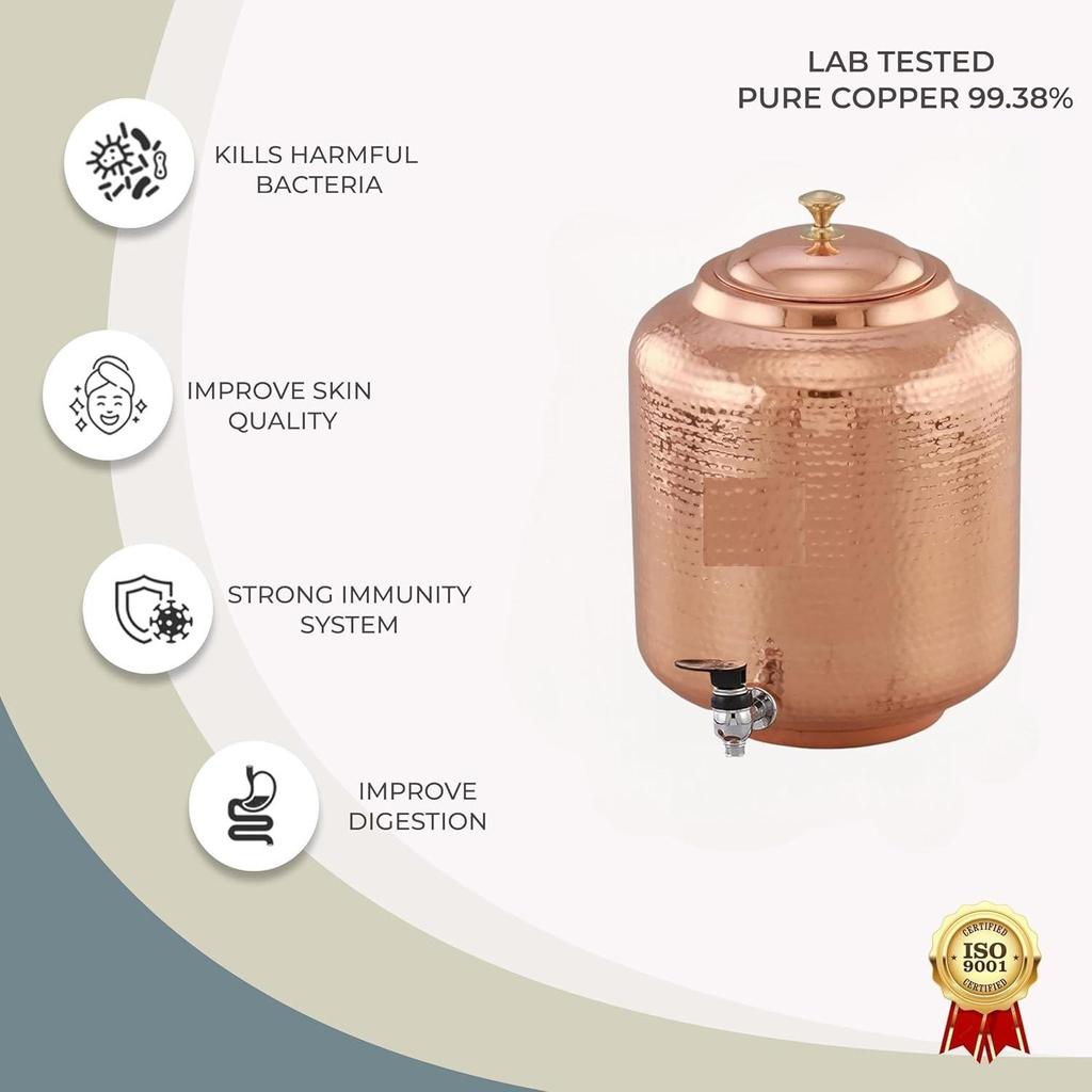 5 Litre Hammered Copper Water Dispenser (Matka) Container Pot with 4 Pure Copper Glasses Pure Copper and Ayurvedic Health Benefits