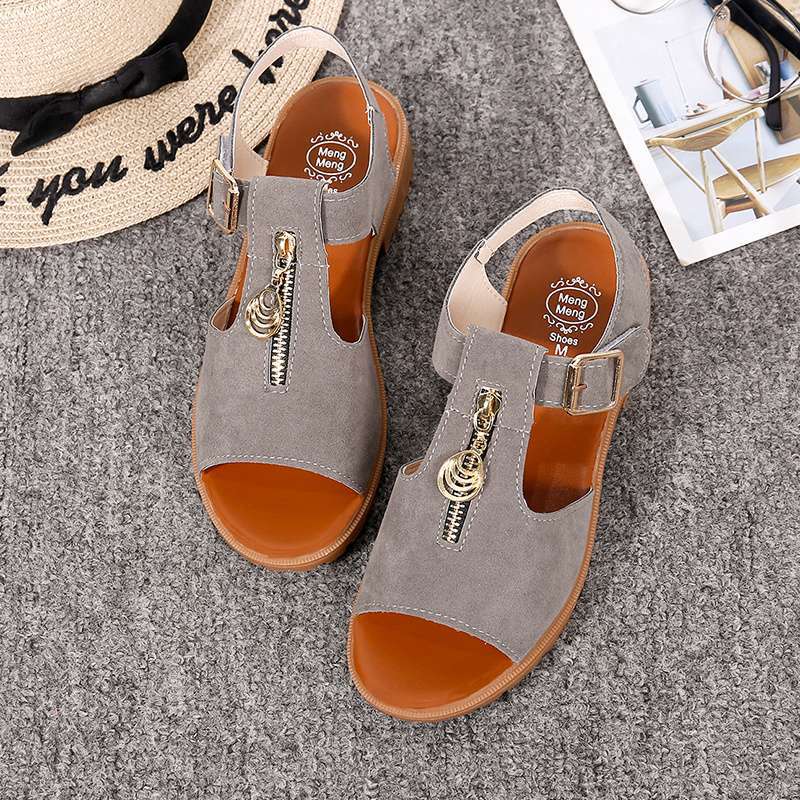 Sandalen Damen Sommer neu Koreanische Version Student Sandalen mit dickem Absatz Zehenfrei einfarbige Schuhe mit Reißverschluss flache Sandalen Damen san
