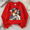 Kids Crewneck Sweatshirt, Girl Hugging Dog with Bow Hat Print, Soft Casual Pullover for Fall Winter
