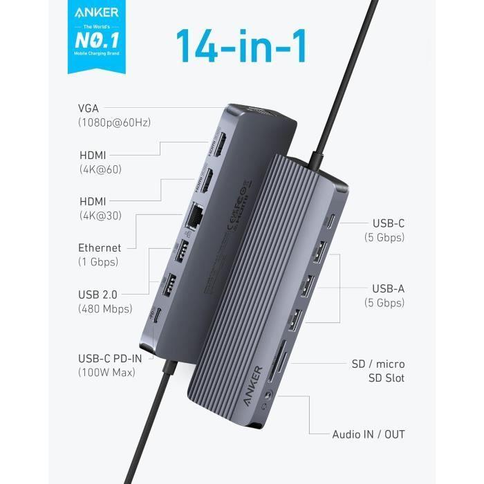 Concentrateur usb-c - anker - 14-en-1 - triple affichage - hdmi 4k 60 hz - 100 w max