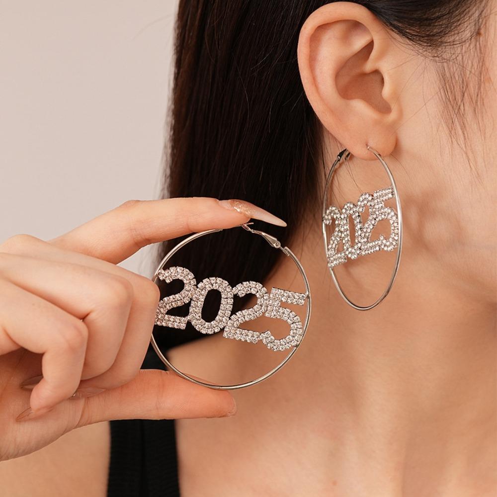 Rhinestone 2025 New Year Ear Stud Aesthetic Crystal Party Necklace Happy New Year Earrings  Banquet