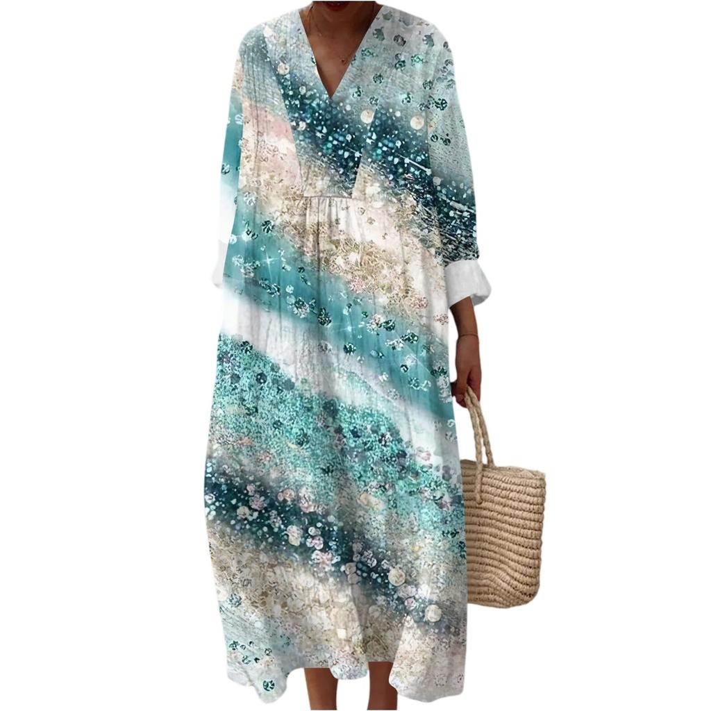 Women's Casual Fashion V-Neck Long Sleeve Floral Print Maxi Dress