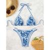 Blue and White Porcelain Print Triangle Bikini Set Scalloped Edge Two Piece Swimsuit