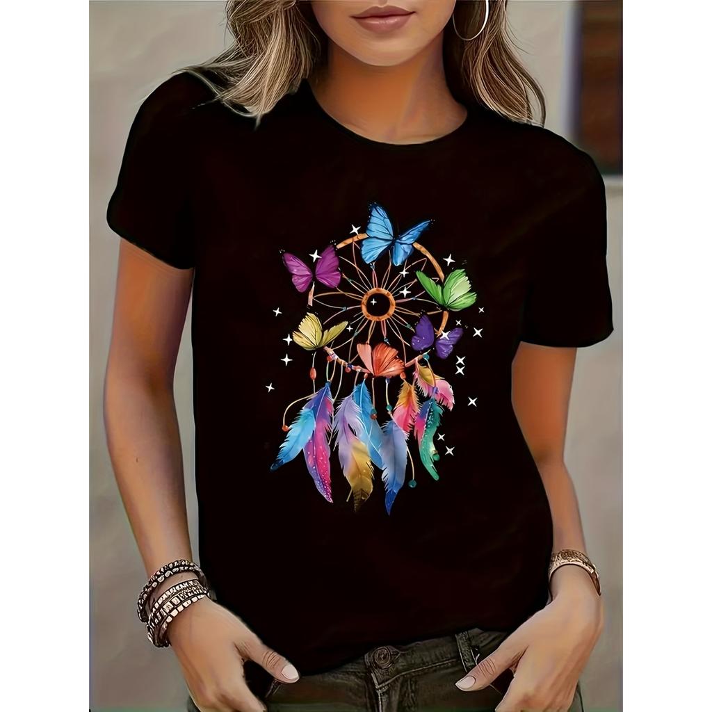 Sommer T-Shirt für Damen, Rundes T-Shirt mit kreativem Druckmuster