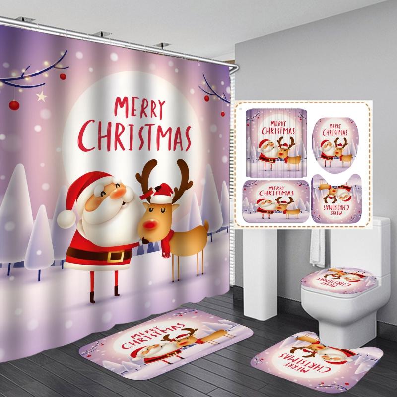 Christmas Bathroom Shower Curtain 4Pcs Set Snowman Santa Claus Pattern Waterproof Shower Curtain Toilet Cover Mat Non Slip Rug