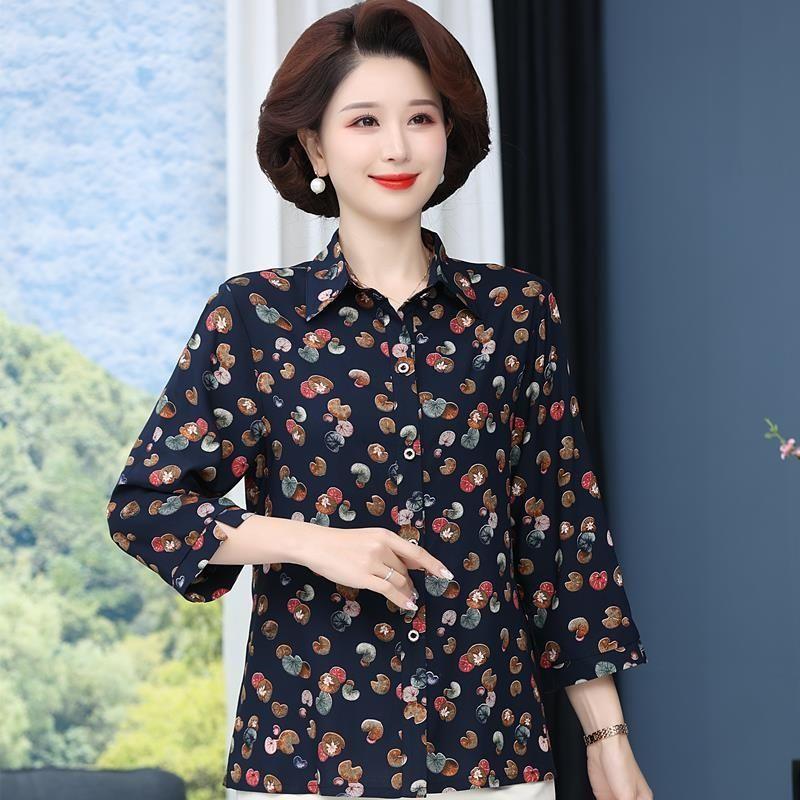 Vintage Broken Printed Blouse Spring Summer 3/4 Sleeve Turn-down Collar Commute Single-breasted Shirt