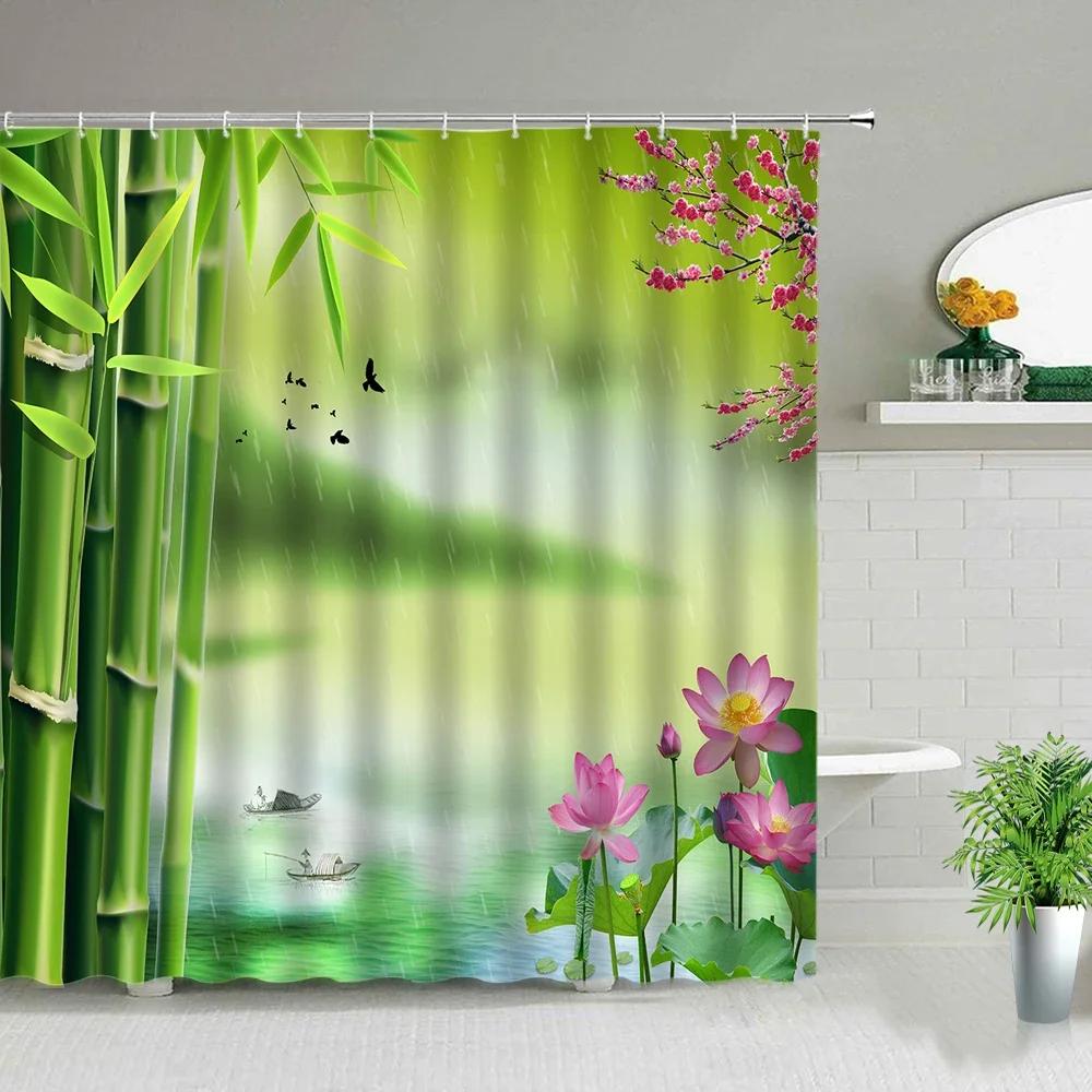 Chinese Style Green Bamboo Series Shower Curtain Set Waterproof Home Bathroom Decor Curtains With Hook Popular Bath Accessories