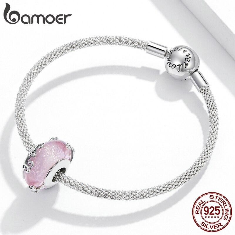 Bamoer 925 Sterling Silver Women Shiny Pink Glazed Beads Fit 3mm Bracelets DIY Jewelry