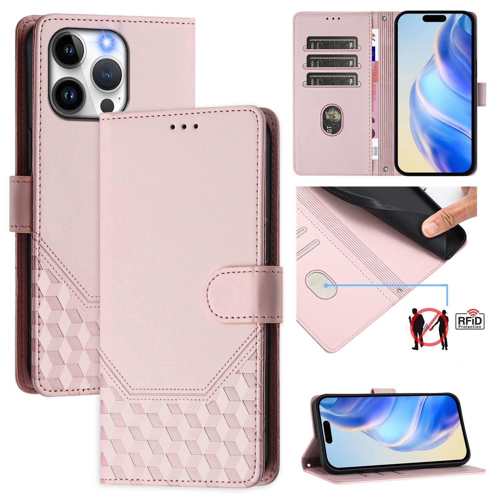

For iPhone 15 Pro Max Case Imprinted Honeycomb RFID Blocking Leather Phone Cover with Strap Pink
