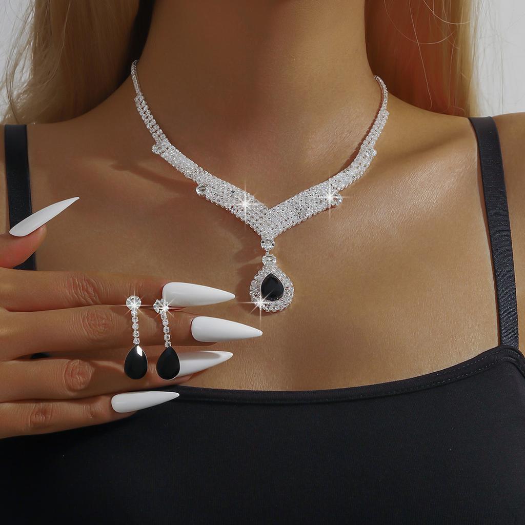 3PC Women's Fashion Copper Claw Chain Series Water Drop Necklace Earrings Zircon Set Wedding Banquet Party Holiday Gift