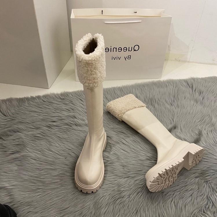 Braune Langschaft-Ritterstiefel mit dicker Sohle Damenschuhe 2025 neu Herbst und Winter Plüsch Winterschuhe Schneestiefel